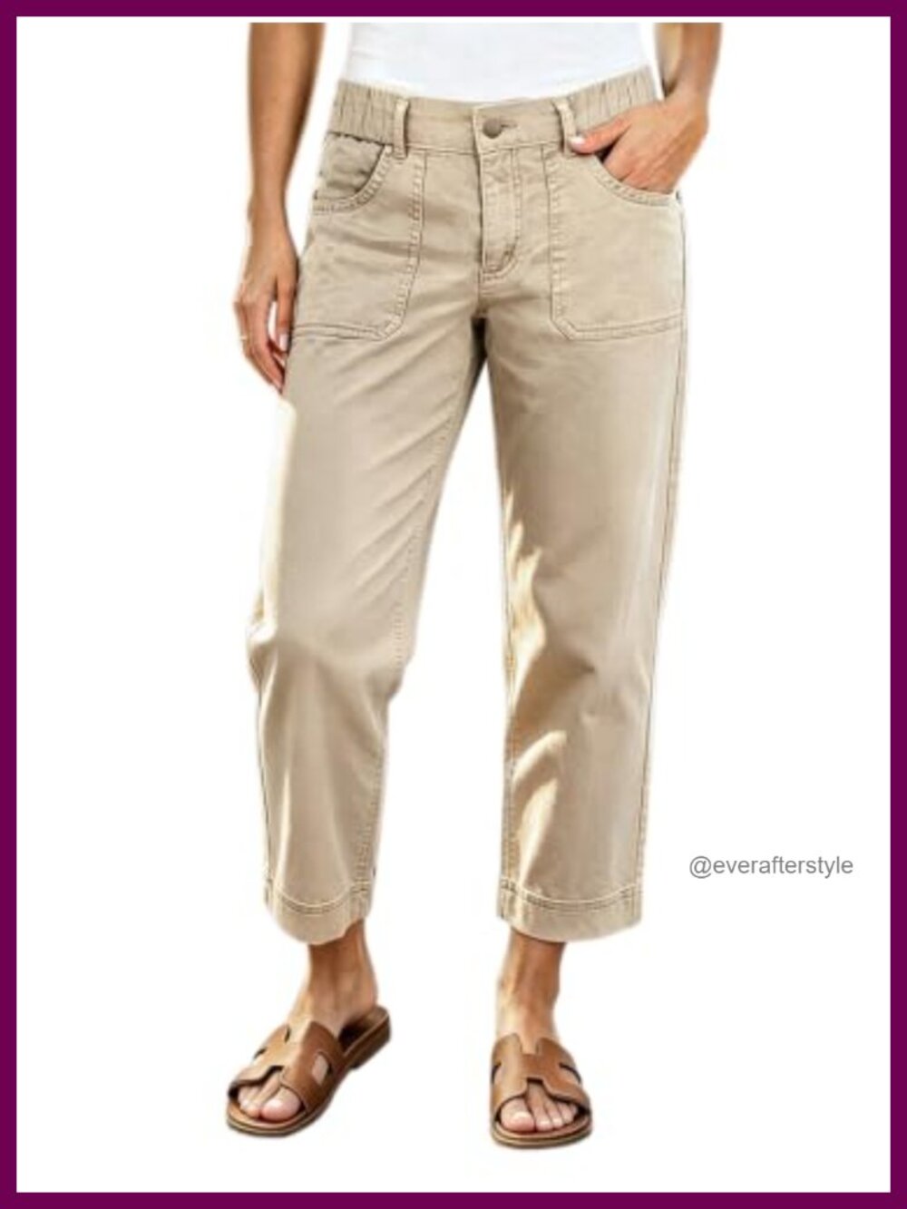 High Rise Straight Leg Crop Patch Pocket Stretch Cotton Pants